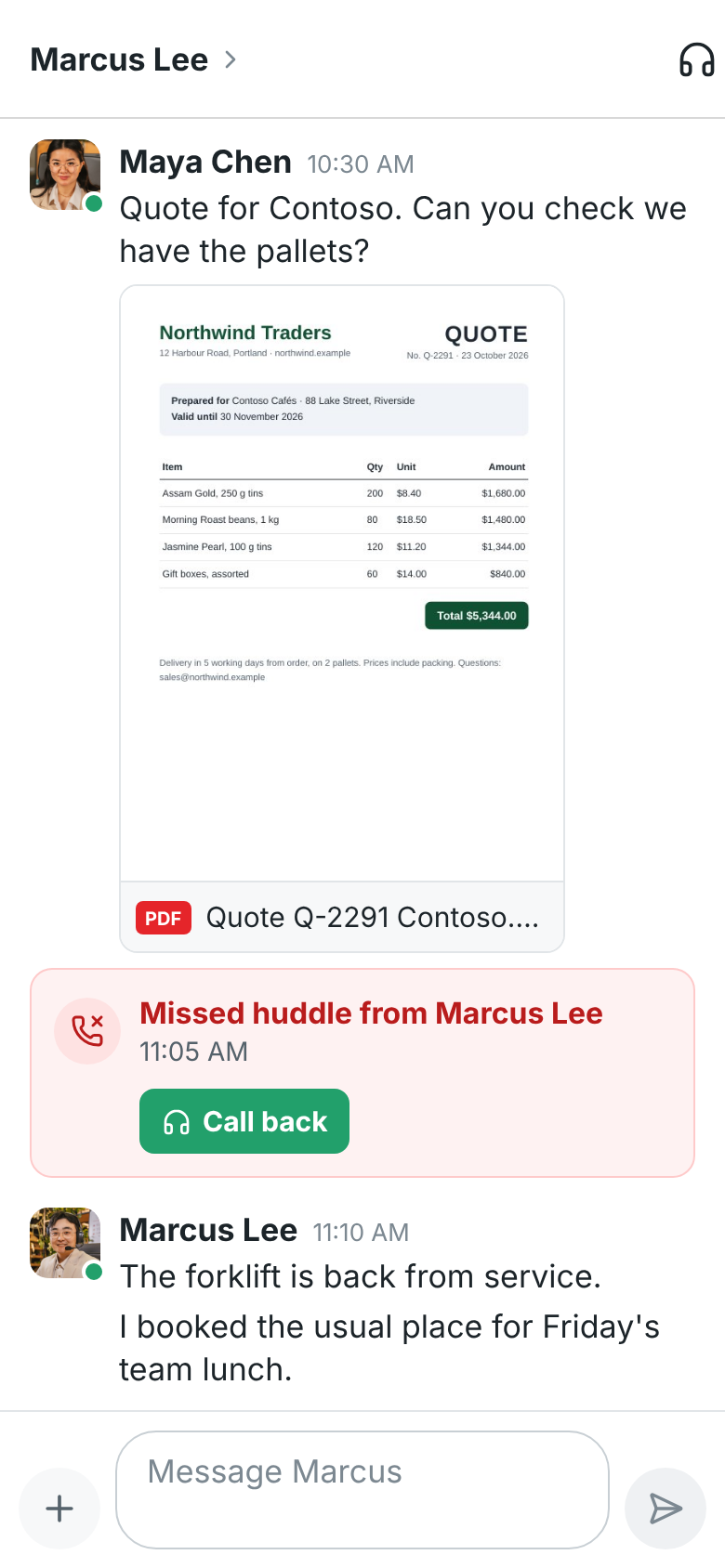 Maya's DM with Marcus on the phone: the Contoso quote PDF showing its first page, with PDF and its name under it