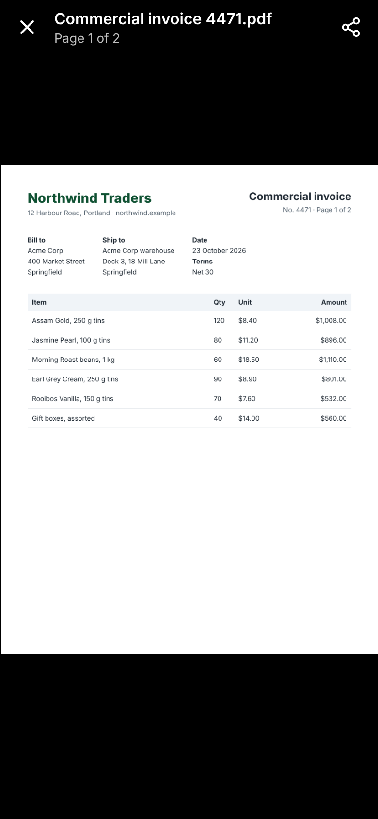 The invoice's first page opened on its own to zoom in, with Page 1 of 2 at the top