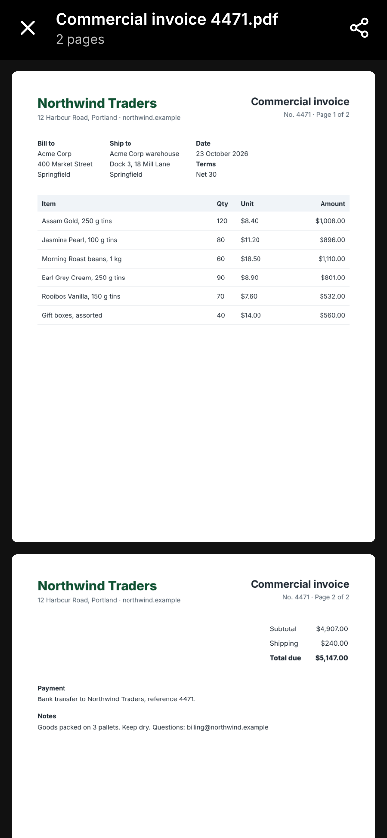 Northwind's invoice for Acme Corp open on the phone, two pages under the file's name with Close and Share
