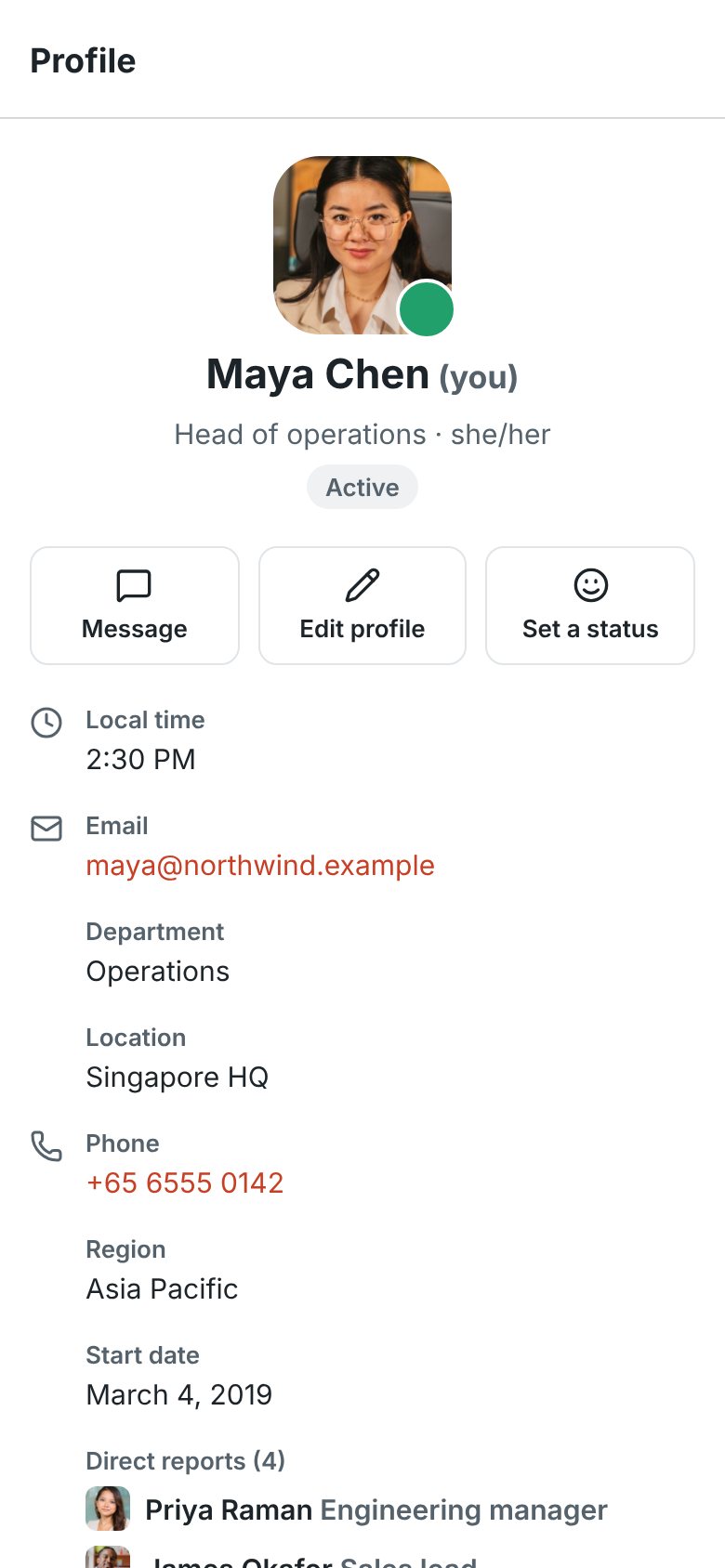 Maya Chen's own profile on a phone with Message, Edit profile and Set a status