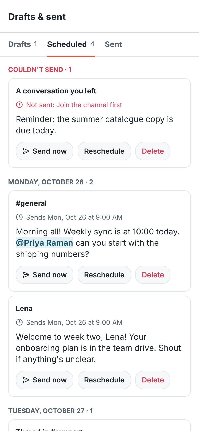 Scheduled messages on the phone: one that couldn’t be sent, then messages for Monday and Tuesday
