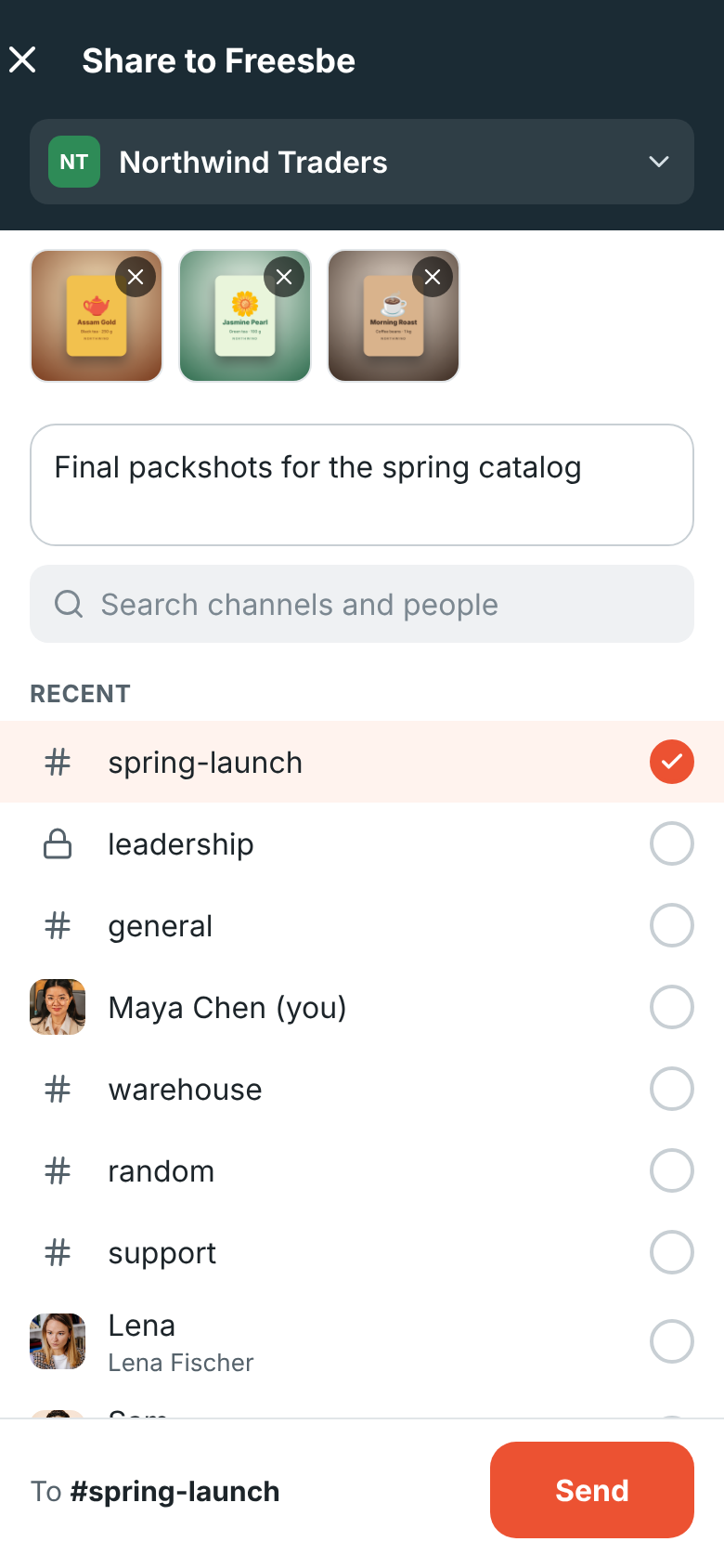 Share to Freesbe with three product shots, a message, and #spring-launch picked to send them to