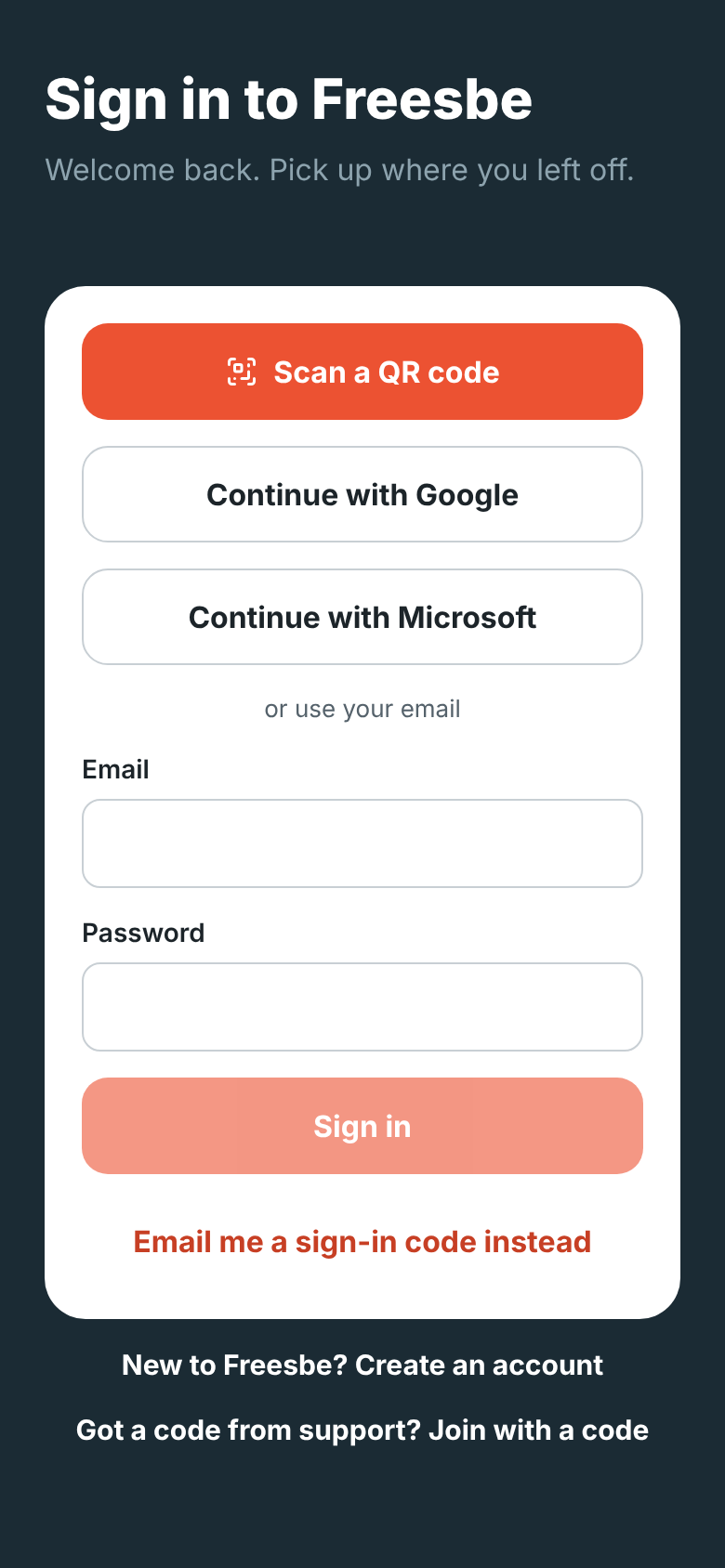 The mobile sign-in screen with Scan a QR code, Google, Microsoft, email and password, and an emailed code