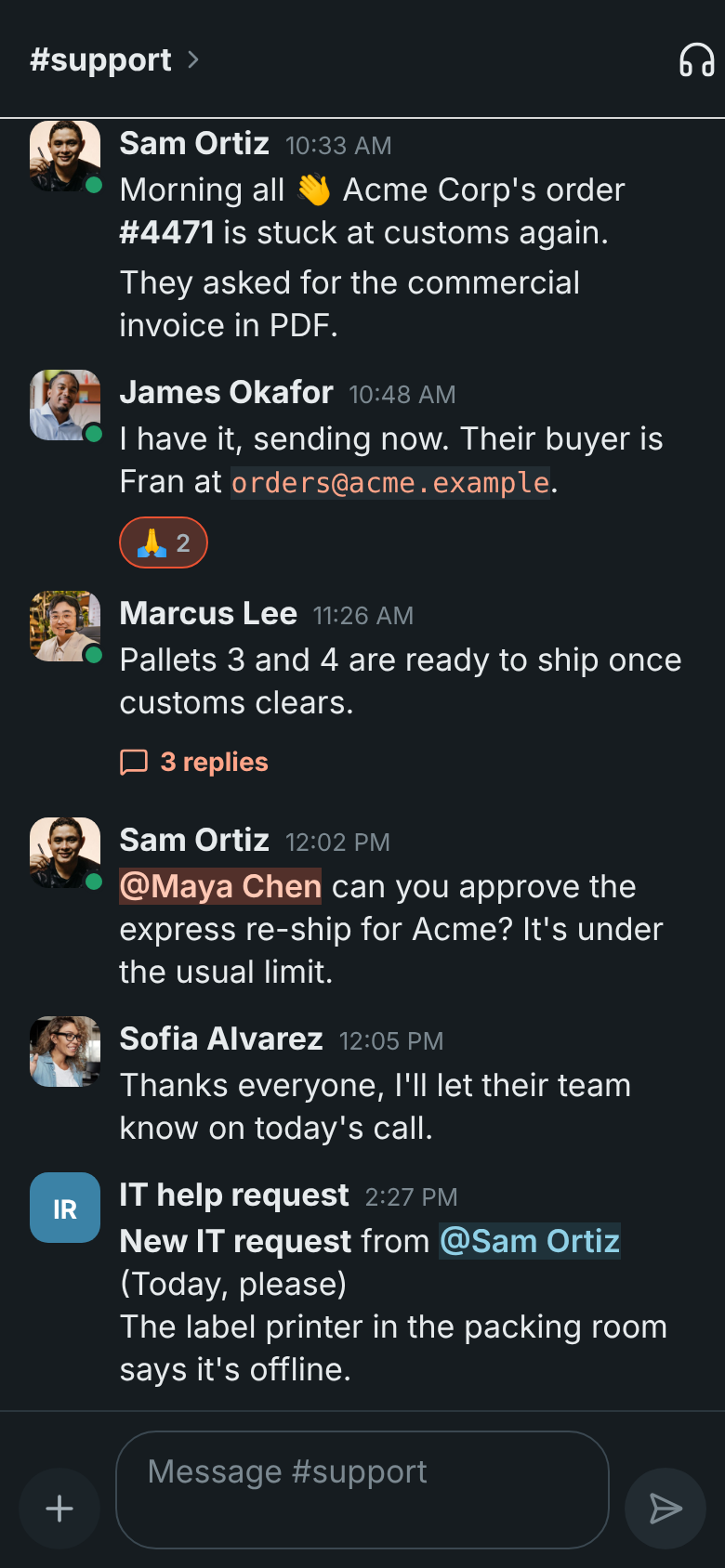 A conversation in #support with Theme set to Dark
