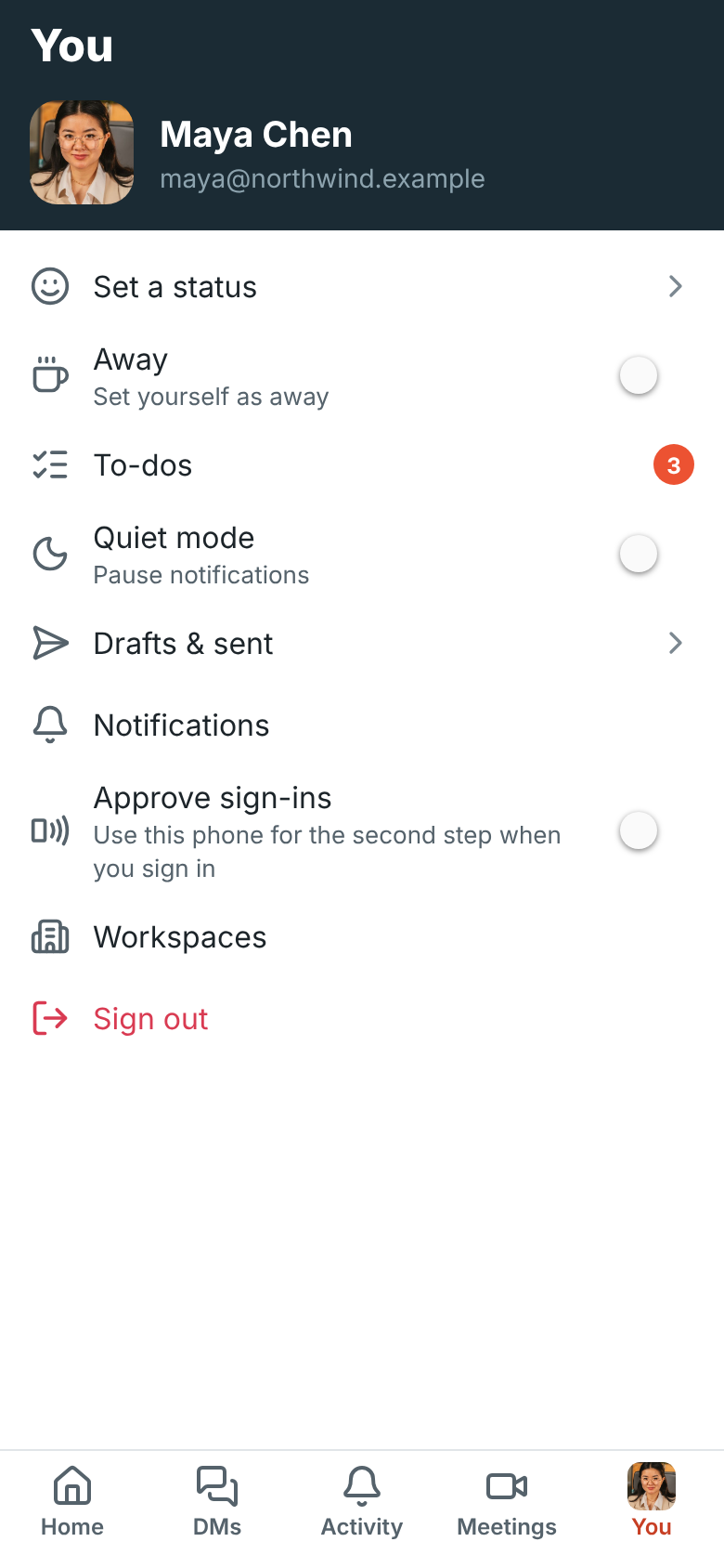 The You tab on your phone, with Quiet mode and Notifications