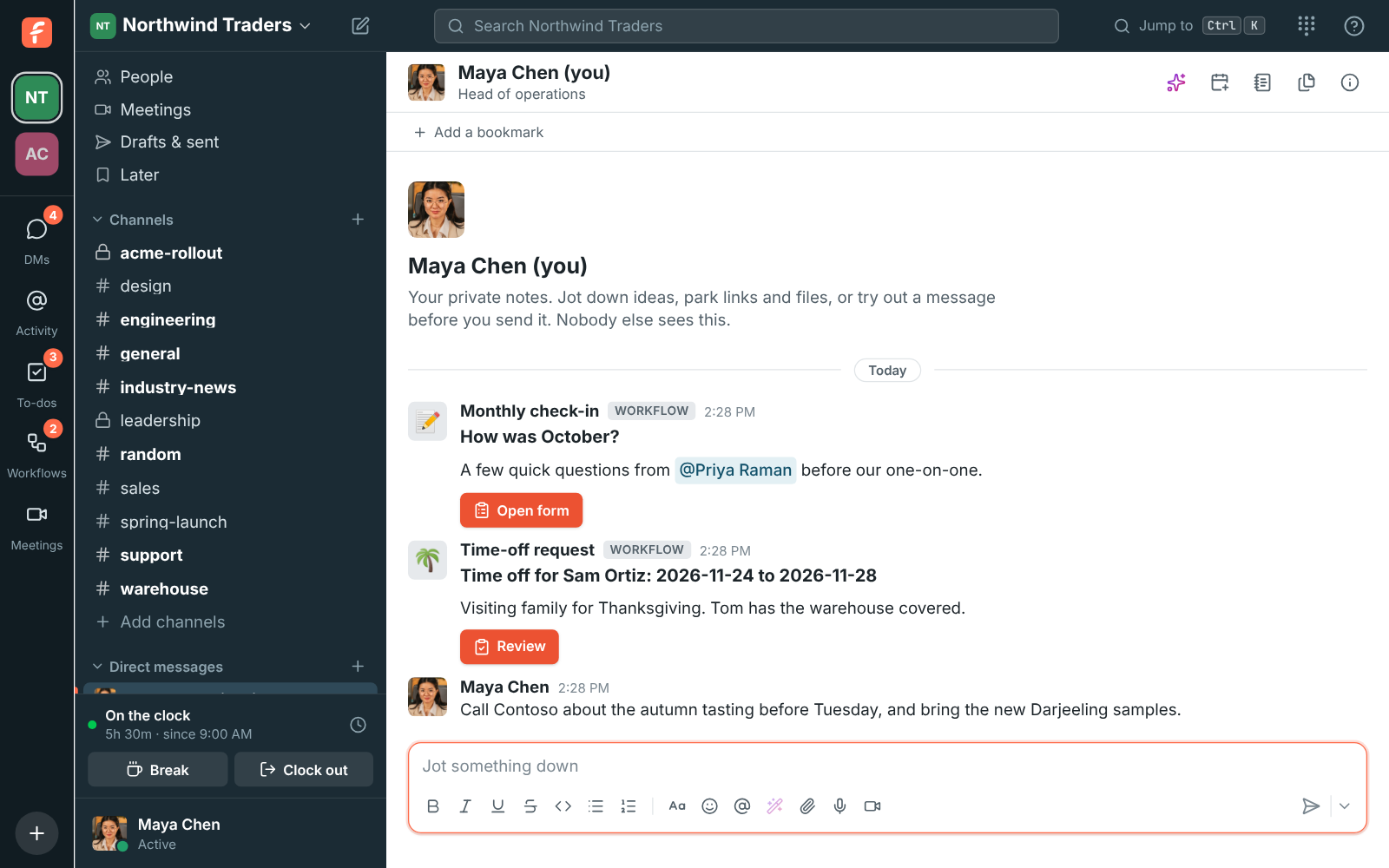 Maya's DM with herself, with a reminder to call Contoso about the autumn tasting