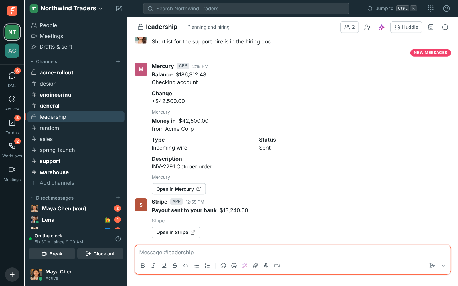 Payment alerts for deposits and payouts posted into a finance channel