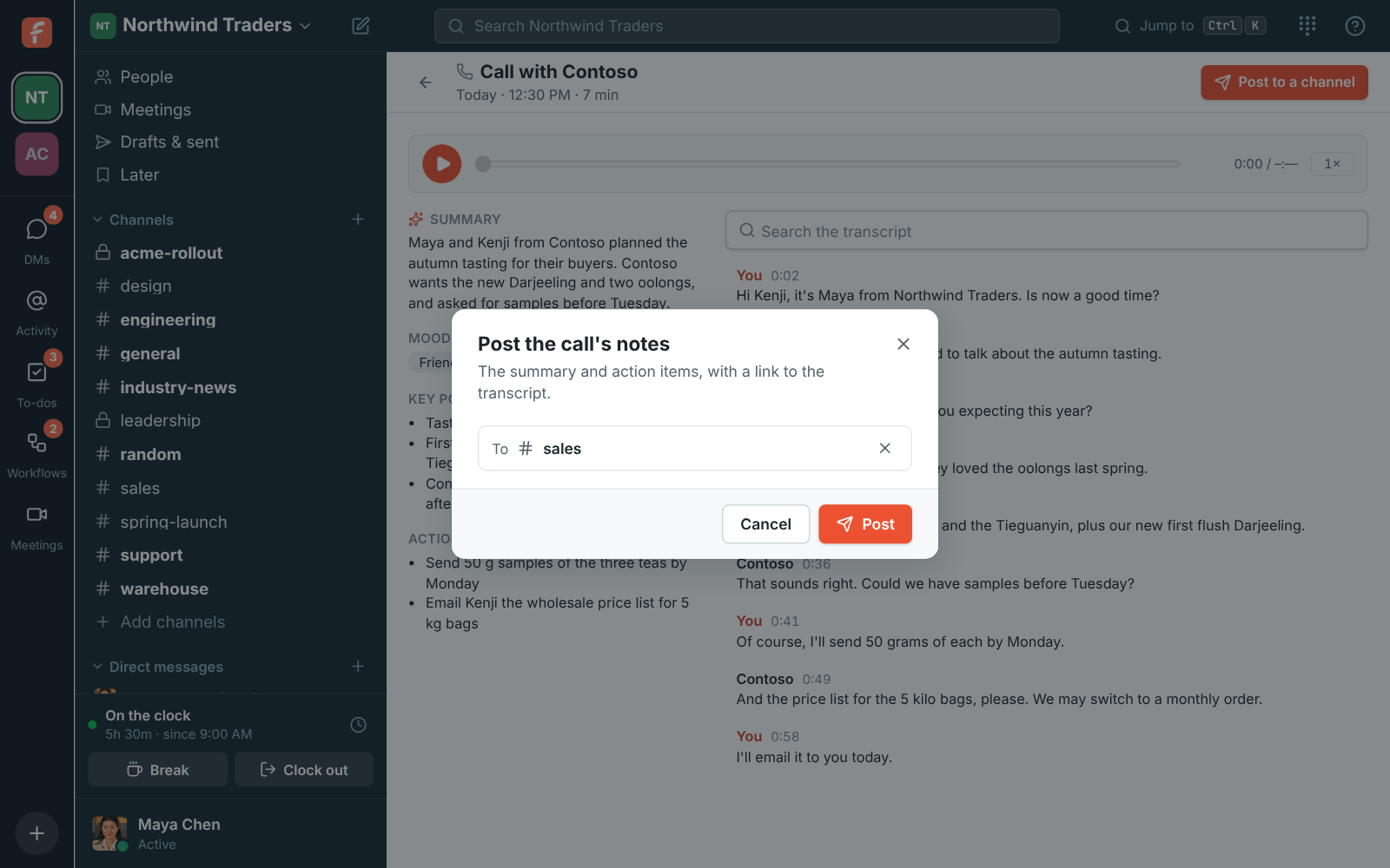 Post the call's notes: #sales picked to post the summary and action items to