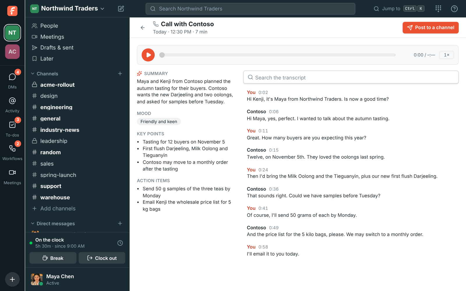 A call's notes in Freesbe: the summary, key points and action items, and every line of the call with the recording to play