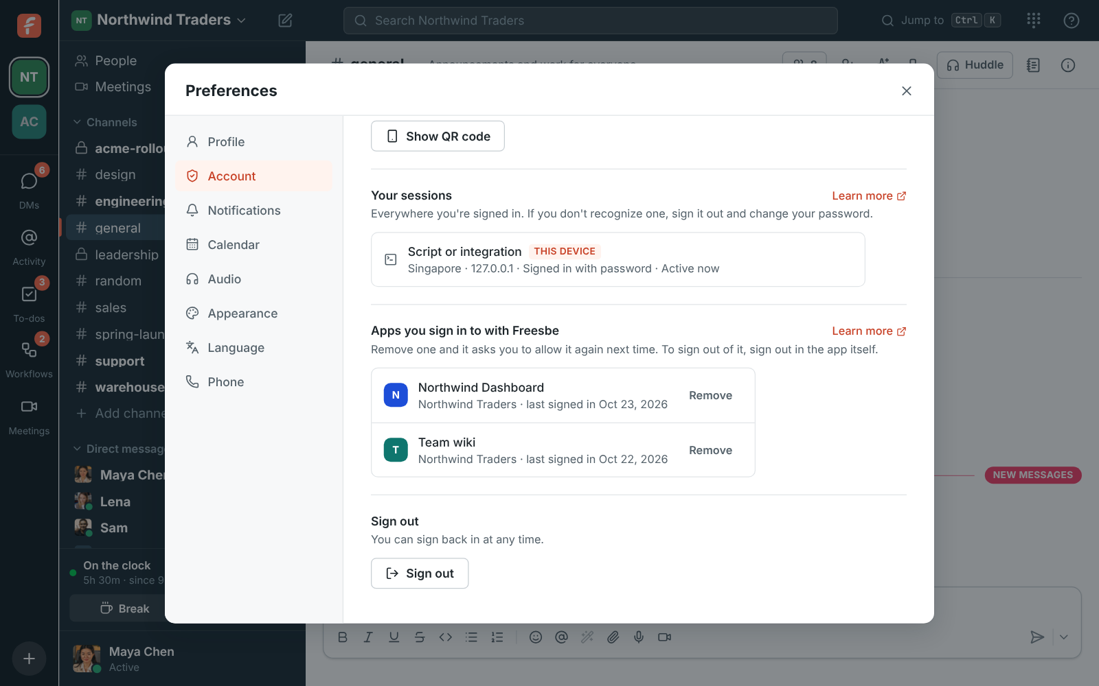 Preferences, My account, Sessions and apps: Apps you sign in to with Freesbe, with Northwind Dashboard and a Remove button