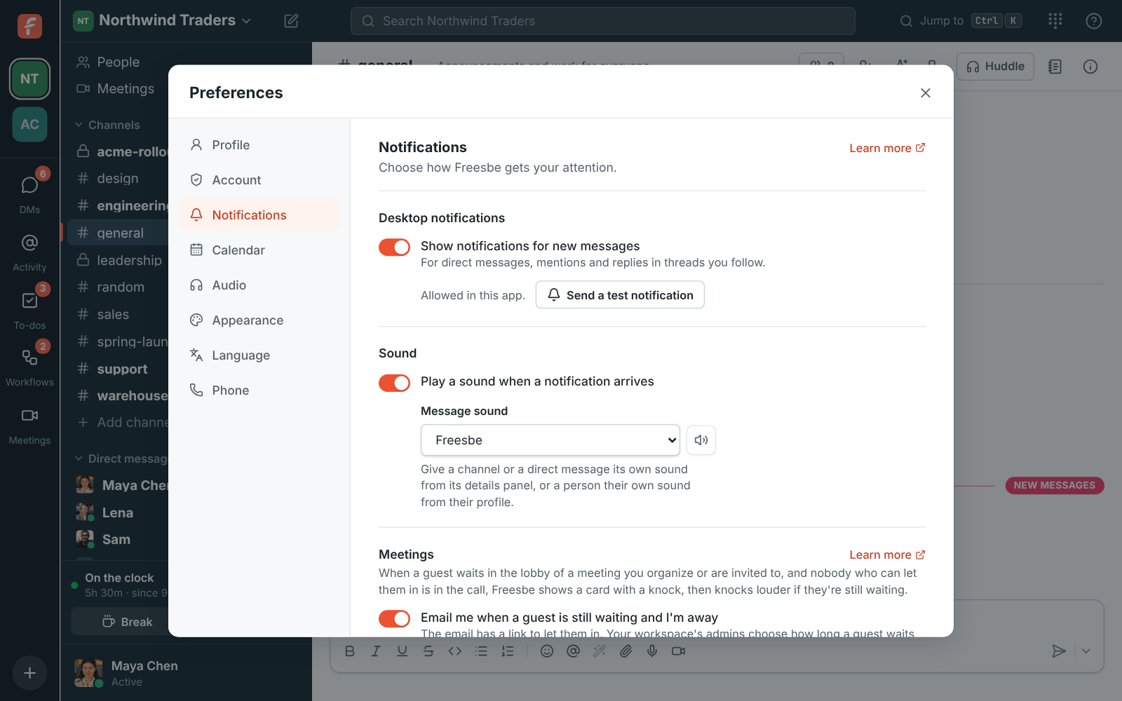 Preferences, Notifications: desktop notifications, the message sound and pausing