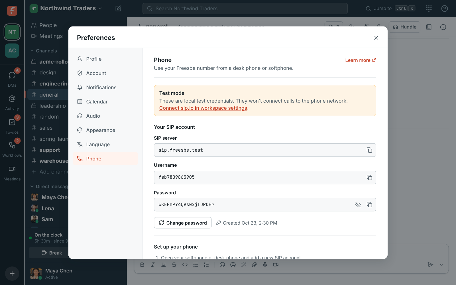 Preferences, Phone: the SIP server, username and password for your desk phone or softphone