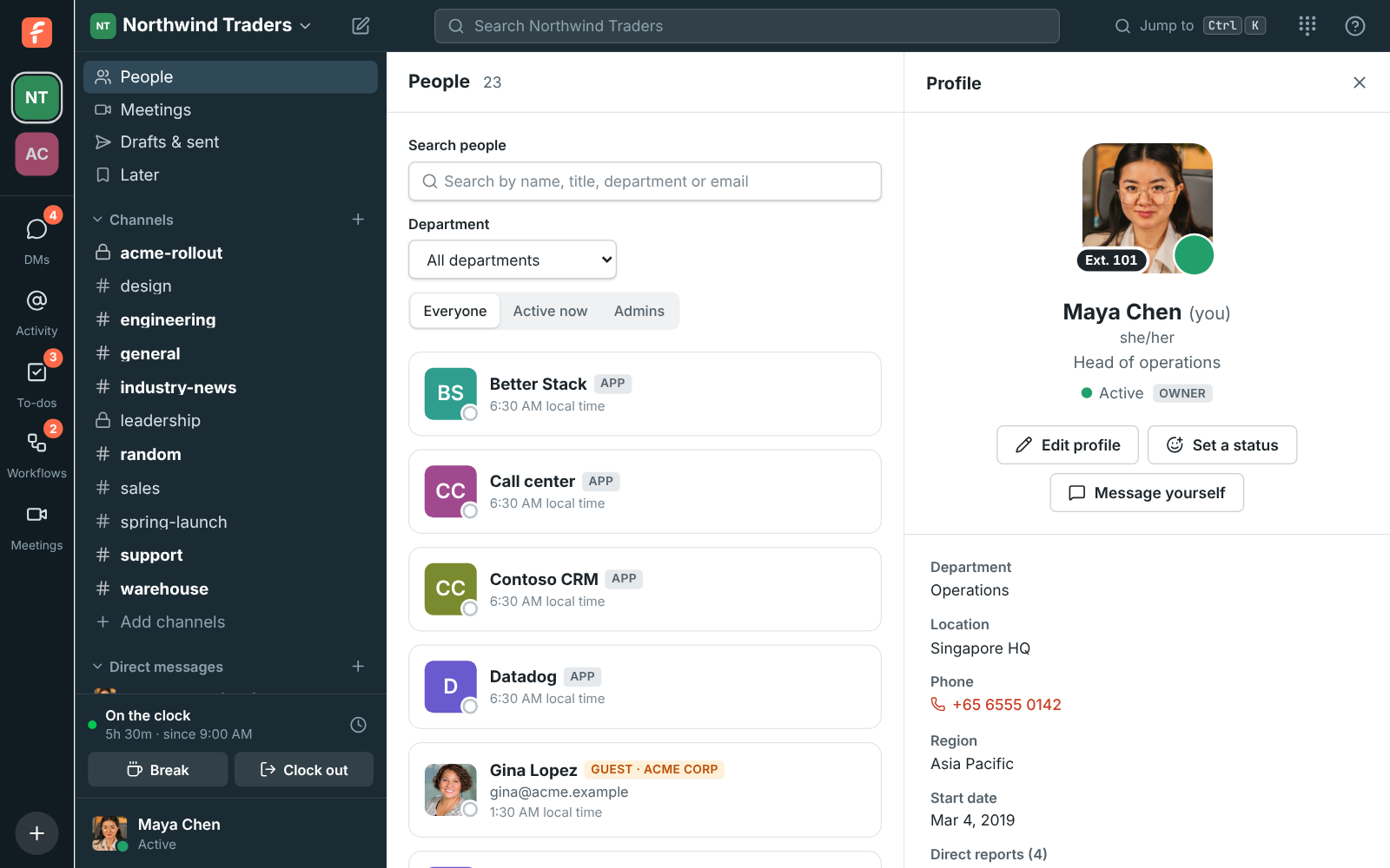 Maya Chen's own profile with Edit profile, Set a status and Message yourself