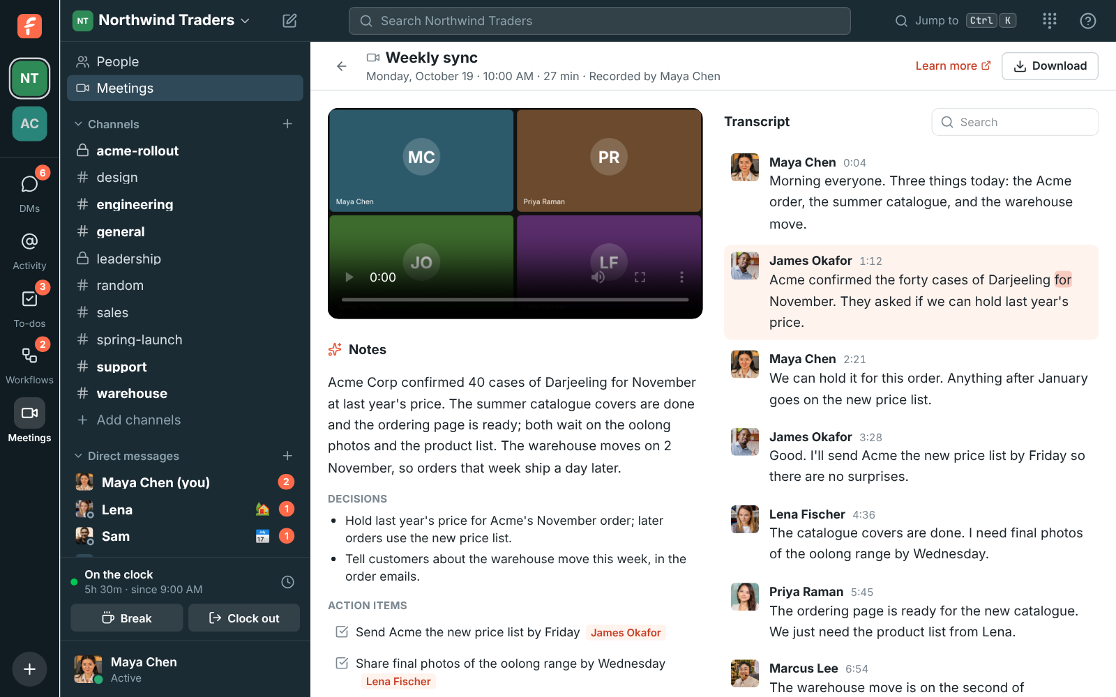 The weekly sync’s recording: the video, notes with a summary, decisions and action items, and the transcript with each person’s name and time, with the line being played highlighted and its current word marked