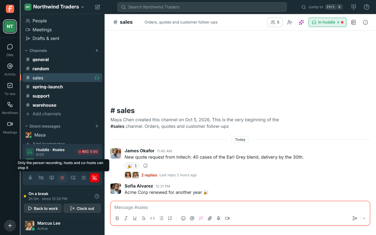 A huddle being recorded by Priya Raman: the stop button is greyed out, and its tooltip says only the person recording, hosts and co-hosts can stop it