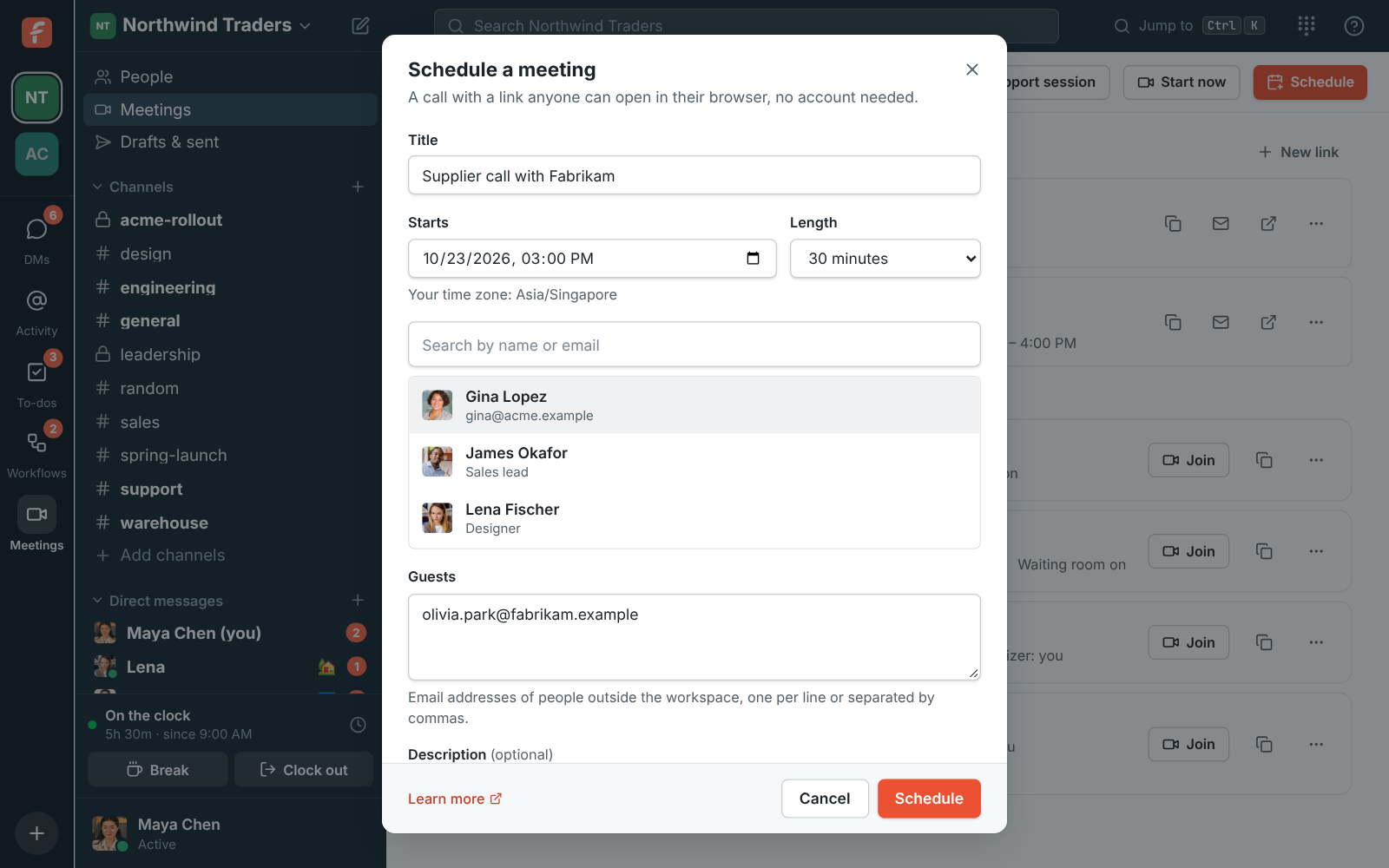 The Schedule a meeting dialog with title, start time, length and guest emails