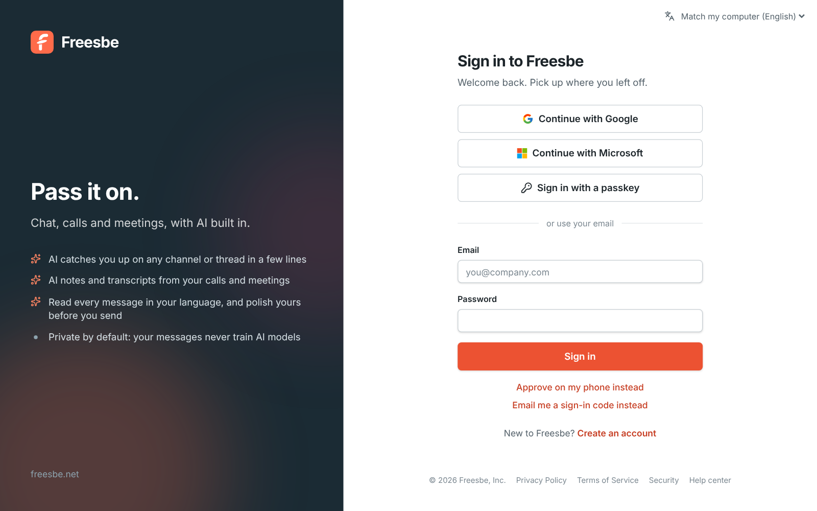 The Freesbe sign-in page