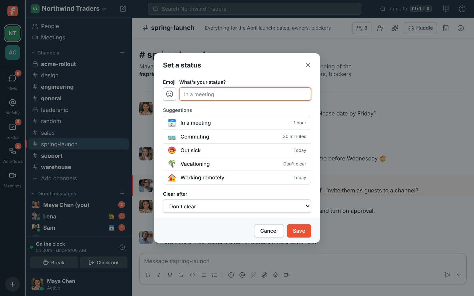 The Set a status dialog with suggestions such as Heads down, On a call and Lunch break