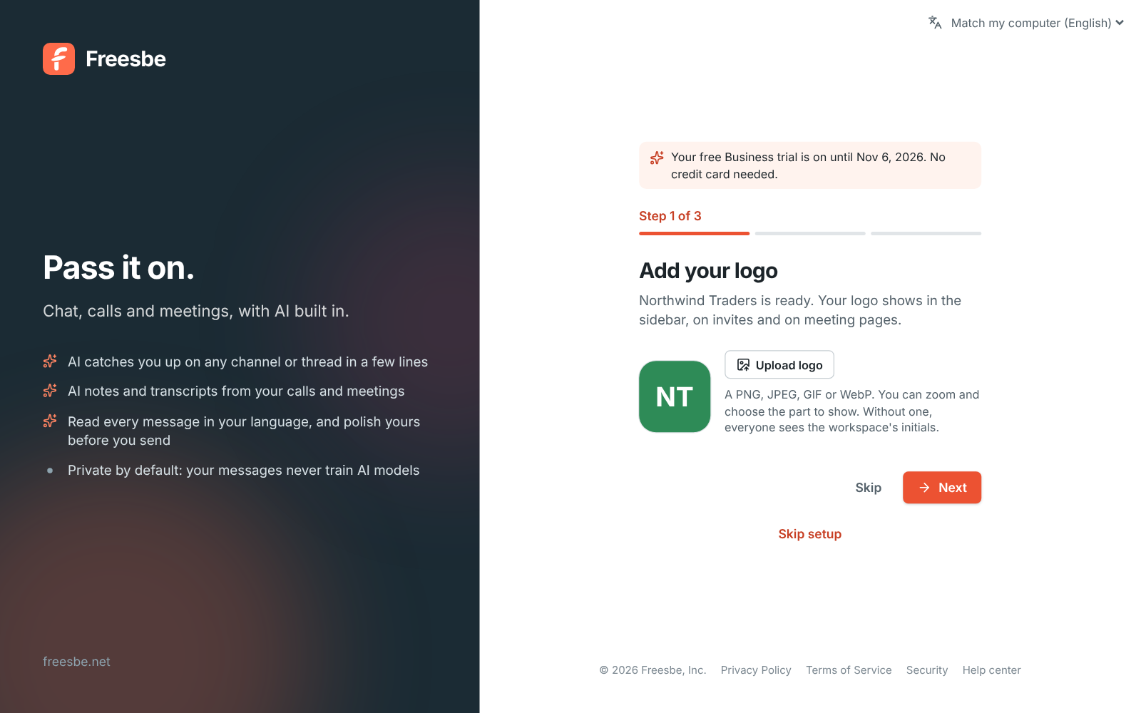 Step 1 of 3: add your logo, under a note that the free Business trial is on for 14 days