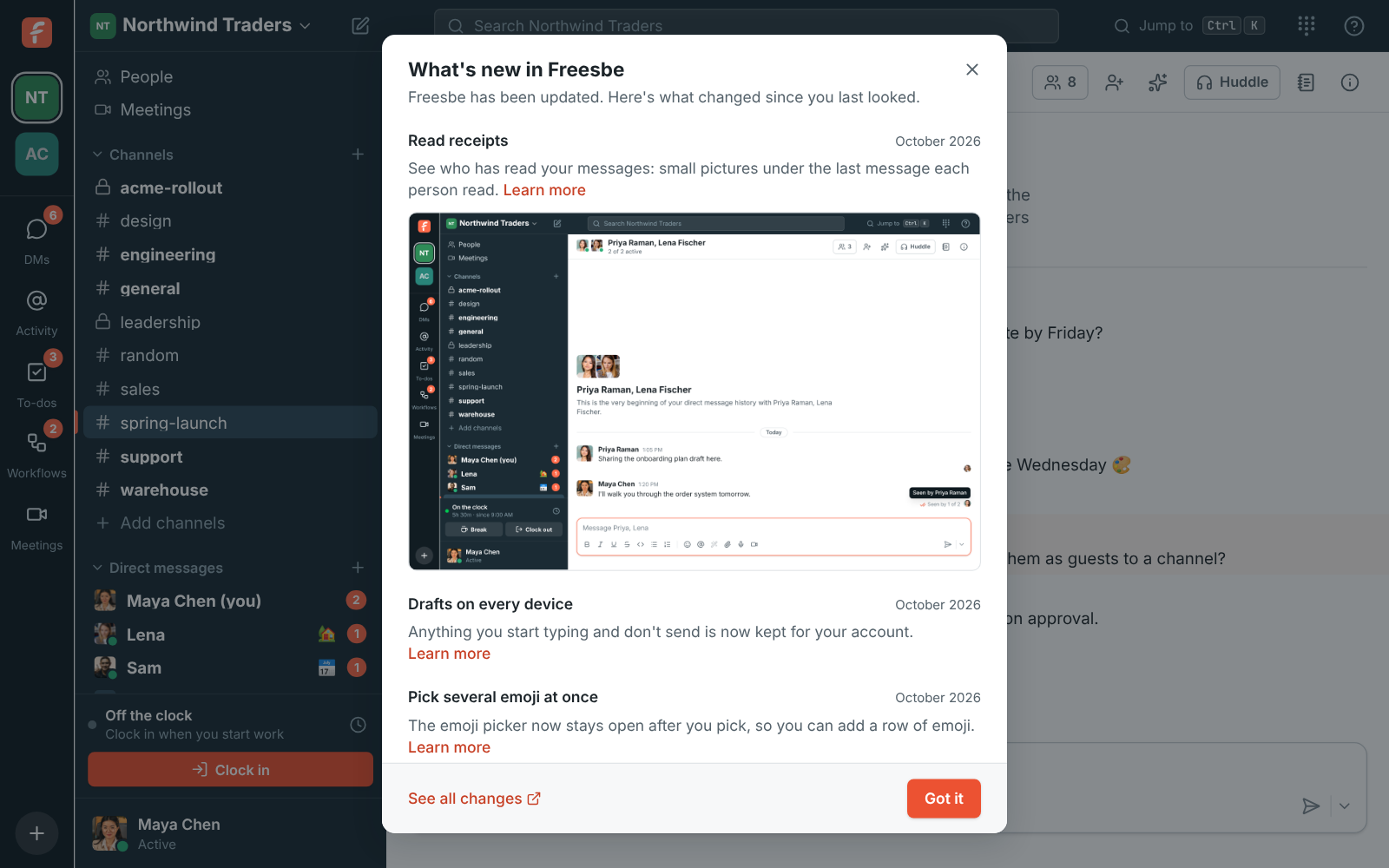 The What’s new in Freesbe card over a channel: Read receipts with a picture of Seen by 2 of 5, Drafts on every device and Pick several emoji at once, with See all changes and Got it