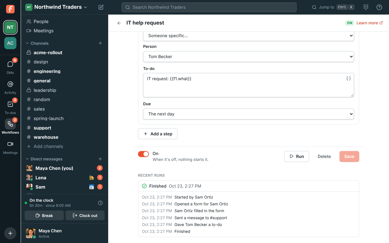 Recent runs: a finished run of the IT help request workflow, step by step