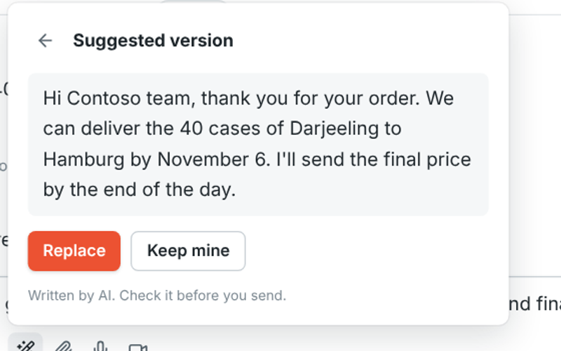A suggested version of a reply to a customer, with Replace and Keep mine