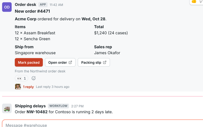 An order card from an app with Mark packed and Open order buttons