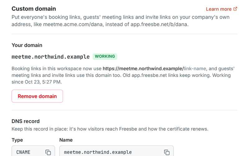 Workspace settings, Custom domain: meetme.northwind.example working