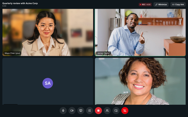A meeting with Acme Corp being recorded, four people on camera