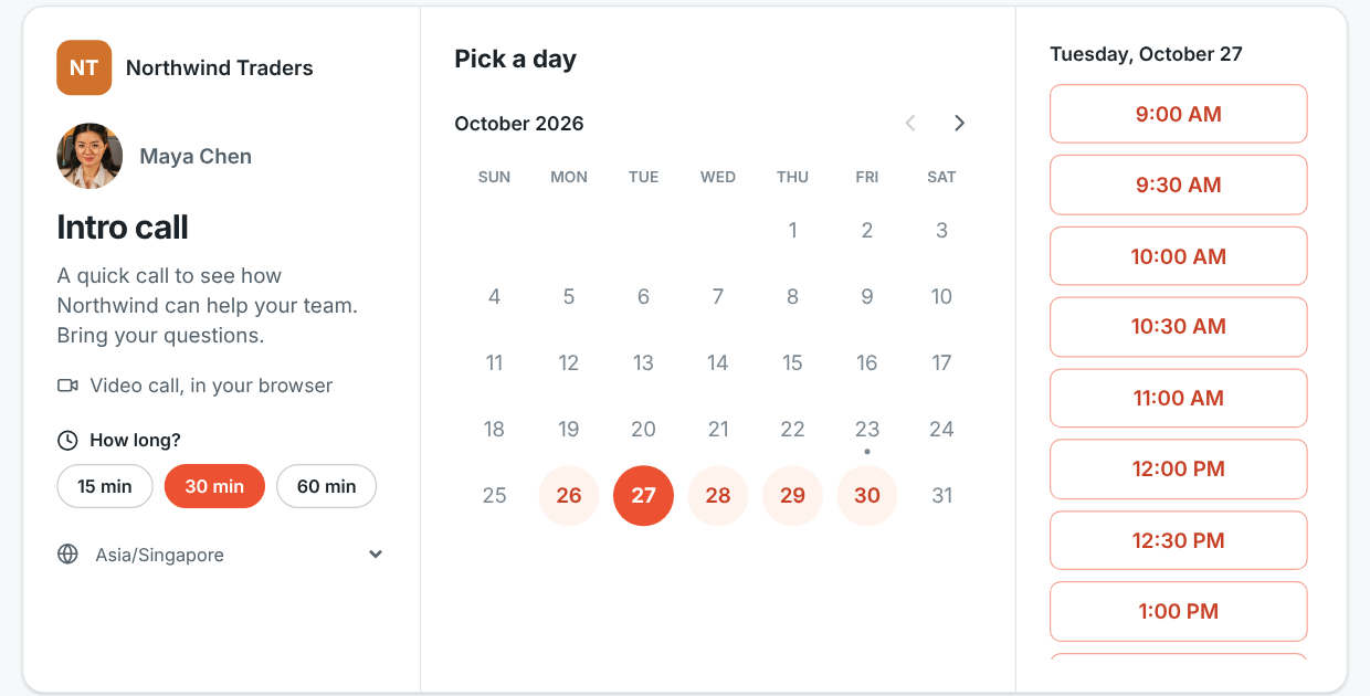 A booking page with a calendar and open time slots