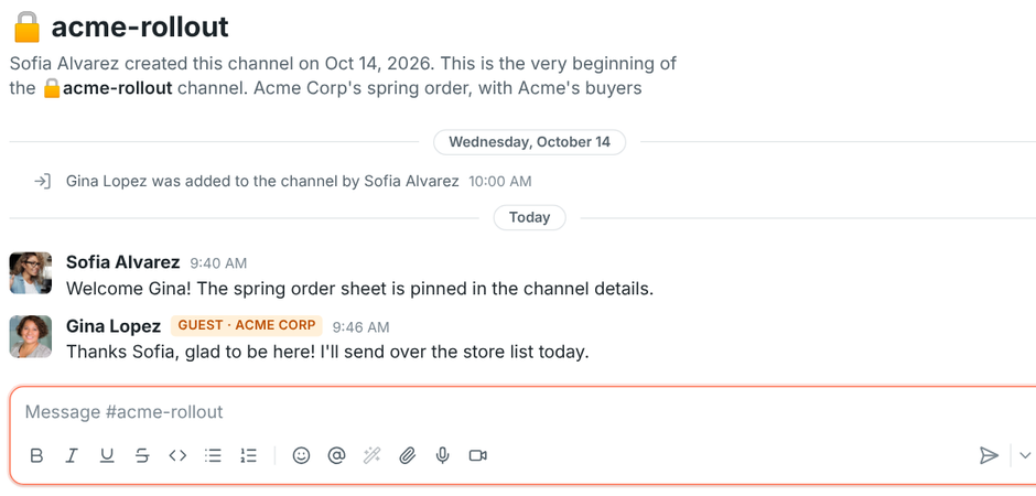 A guest from Acme Corp in a shared channel, with a guest badge