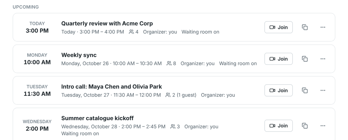 Upcoming meetings with Join buttons