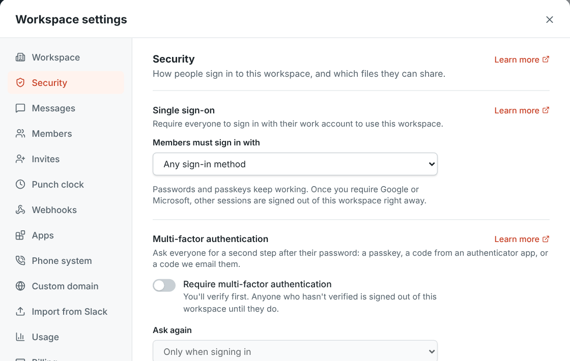 Workspace settings, Security: single sign-on, MFA and remote control